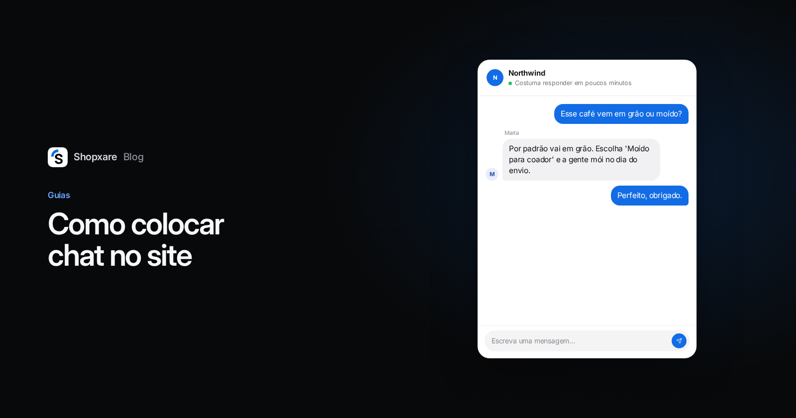 Capa: "Como colocar chat no site" ao lado de uma janela de chat em que alguém pergunta se o café vem em grão ou moído e a loja responde.
