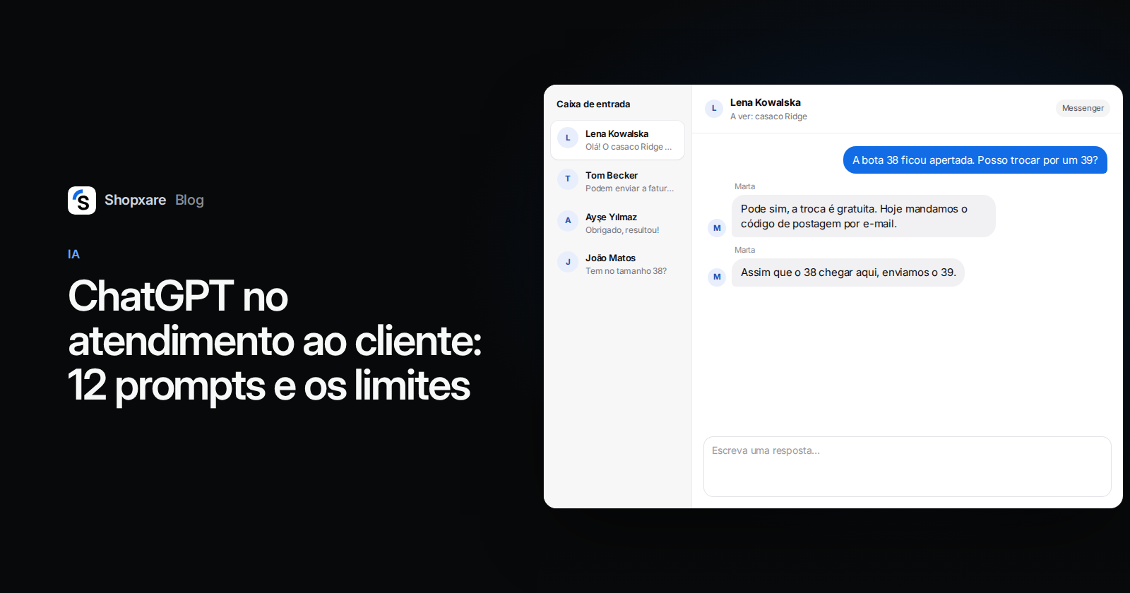Capa: título "ChatGPT no atendimento ao cliente" ao lado de uma caixa de entrada do Shopxare respondendo a uma troca de numeração