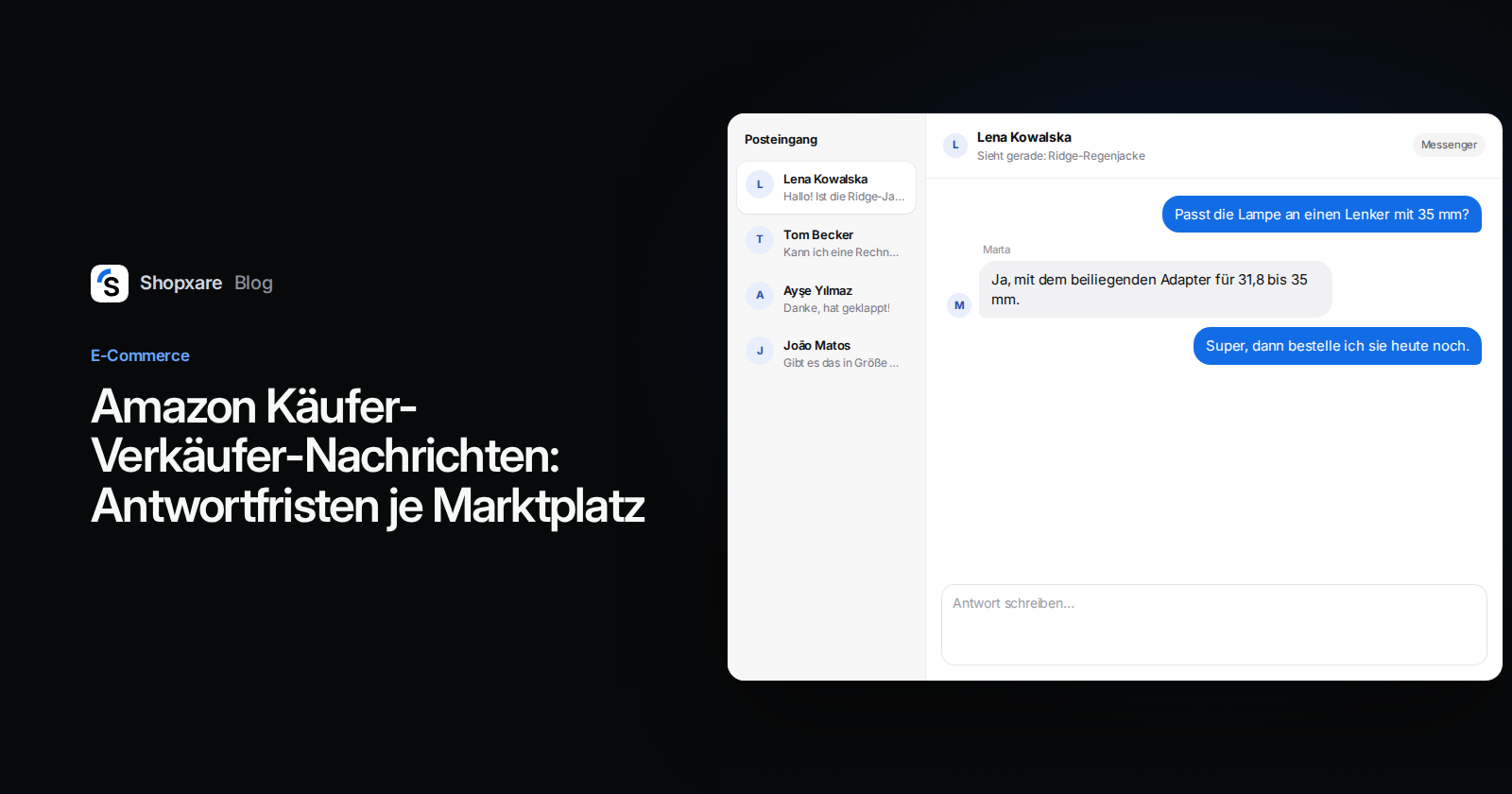 Titelbild: Antwortfristen für Amazon-Käufernachrichten neben einem Shopxare-Posteingang mit einer Käuferfrage zu einer Fahrradlampe und der Antwort des Händlers