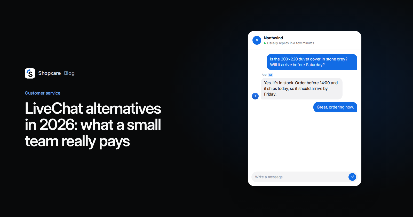 Cover: title "LiveChat alternatives in 2026" next to the Shopxare Messenger, where an AI agent answers a stock and delivery question.