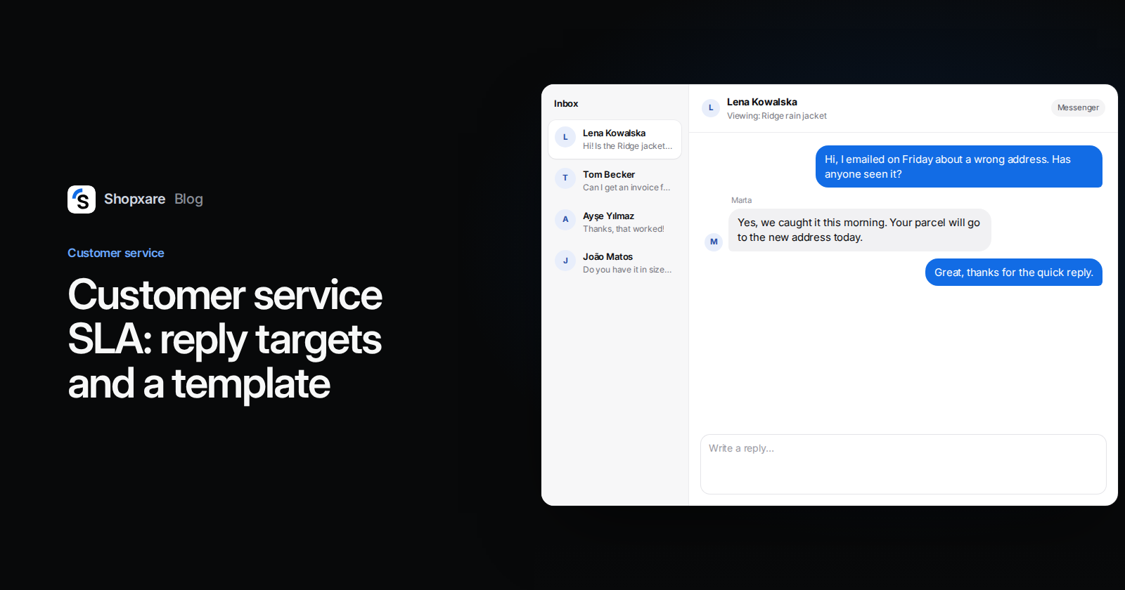 Shopxare cover: "Customer service SLA: reply targets and a template" next to a team inbox where an agent confirms a corrected delivery address