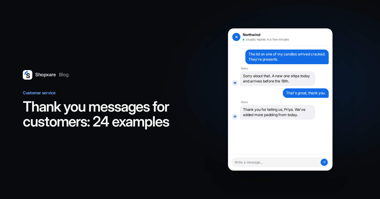 Cover: title "Thank you messages for customers: 24 examples" next to a website chat where a store thanks a customer for reporting a cracked candle lid