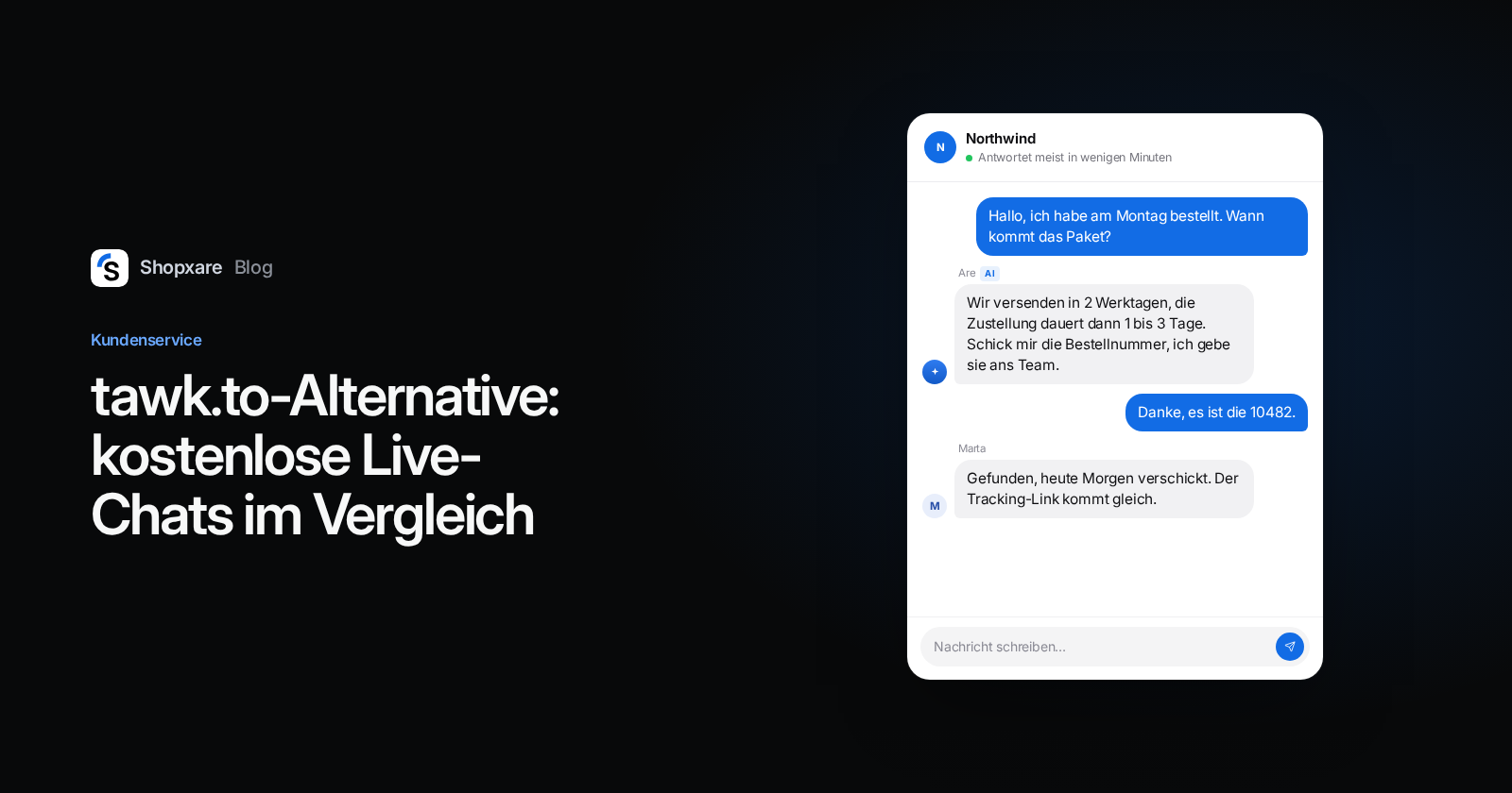 Shopxare-Cover: Titel "tawk.to-Alternative" neben dem Messenger, in dem Are AI eine Versandfrage beantwortet und eine Kollegin übernimmt