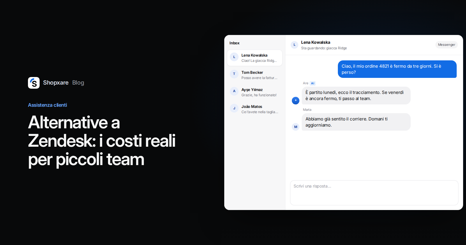 Copertina con il titolo "Alternative a Zendesk: i costi reali per piccoli team" accanto a una casella Shopxare in cui IA e operatore rispondono su un ordine