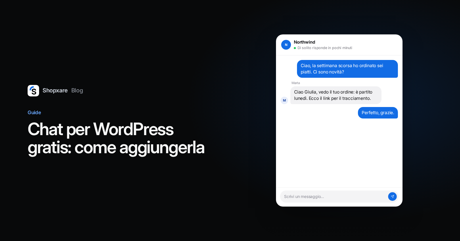 Copertina: Chat per WordPress gratis, con una finestra di chat in cui una cliente chiede del suo ordine e un'operatrice risponde