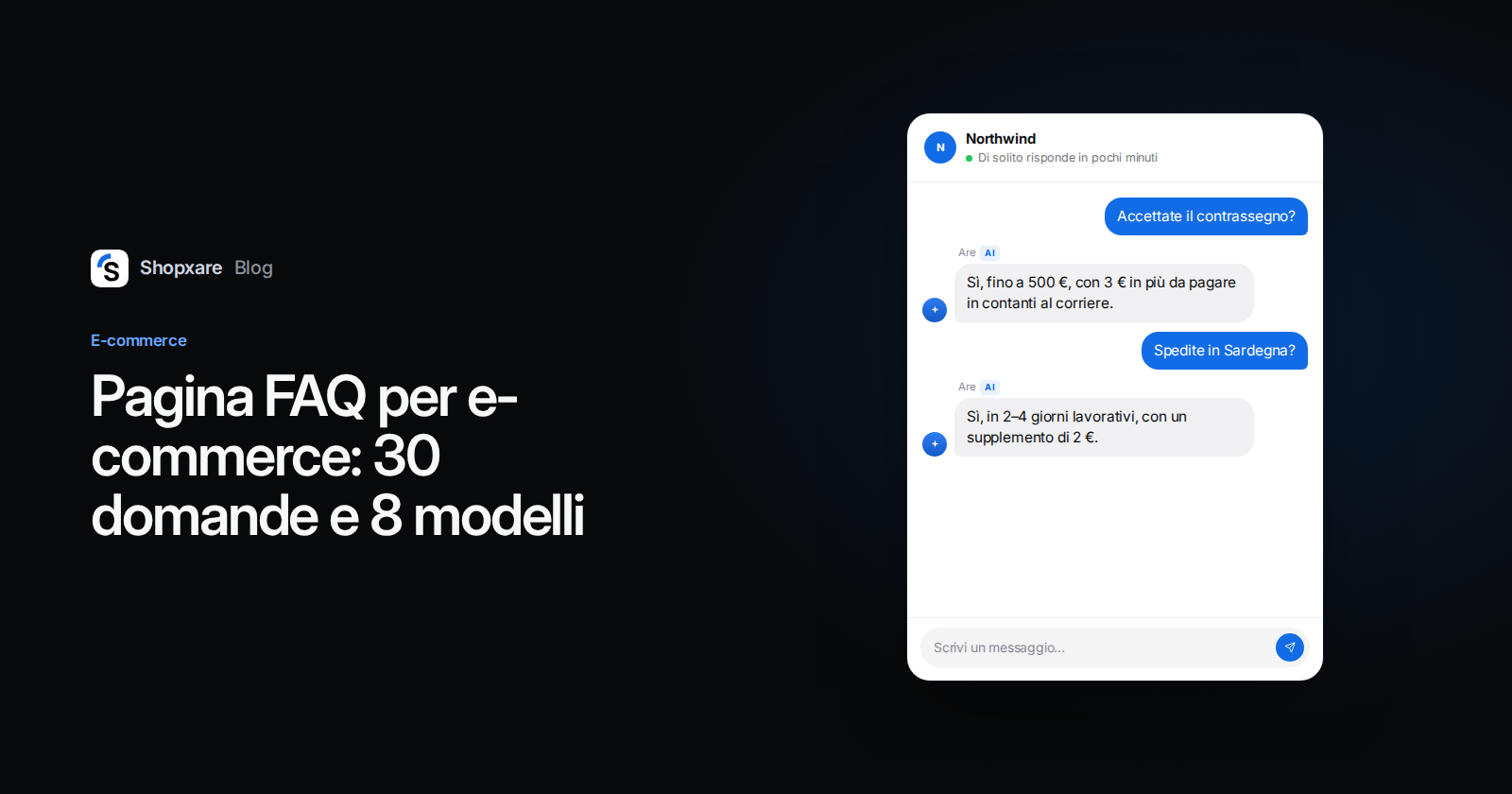Copertina Shopxare: titolo "Pagina FAQ per e-commerce" accanto a una chat del sito in cui Are AI risponde su contrassegno e spedizioni