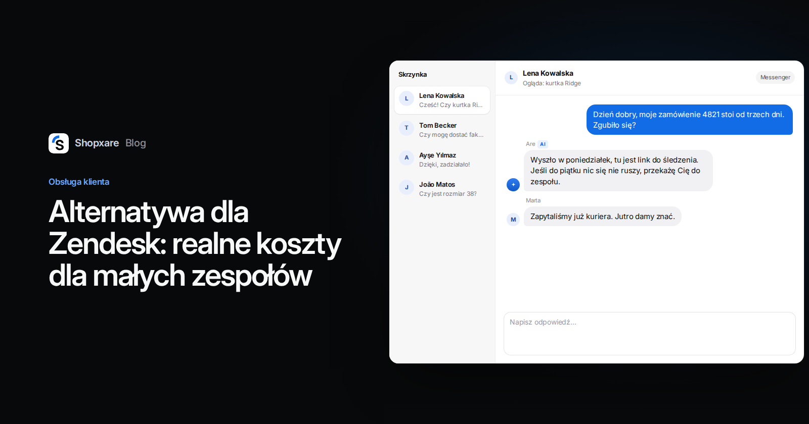 Okładka z tytułem „Alternatywa dla Zendesk: realne koszty dla małych zespołów" obok skrzynki Shopxare, w której AI i konsultant odpowiadają na pytanie o zamówienie