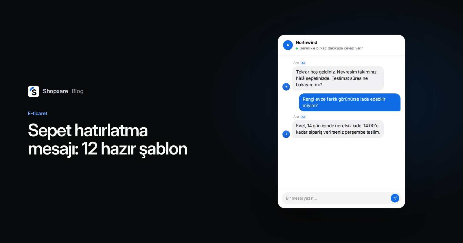 Kapak: sepet hatırlatma mesajı şablonları; geri dönen bir müşteri sipariş öncesi iade koşullarını soruyor