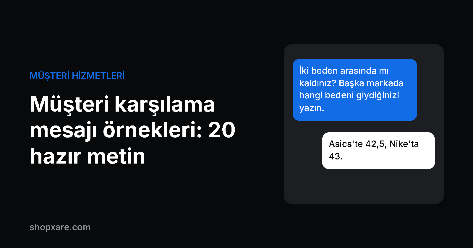 Kapak: "Müşteri karşılama mesajı örnekleri: 20 hazır metin" başlığının yanında, ziyaretçiye beden konusunda yardım eden bir canlı destek sohbeti.