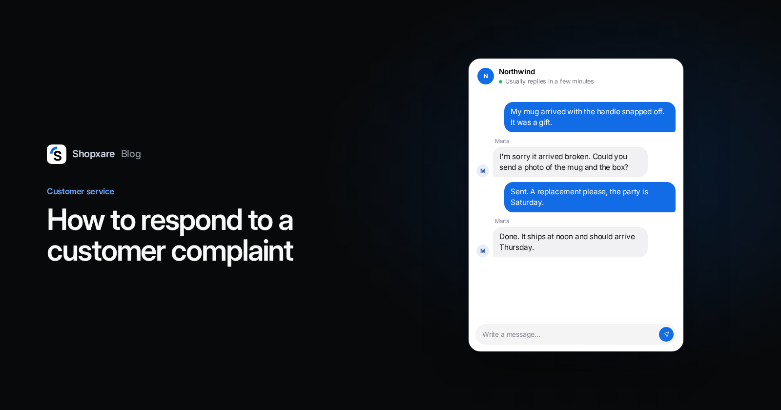 Cover: "How to respond to a customer complaint" next to a chat where a store replaces a broken mug with a delivery date