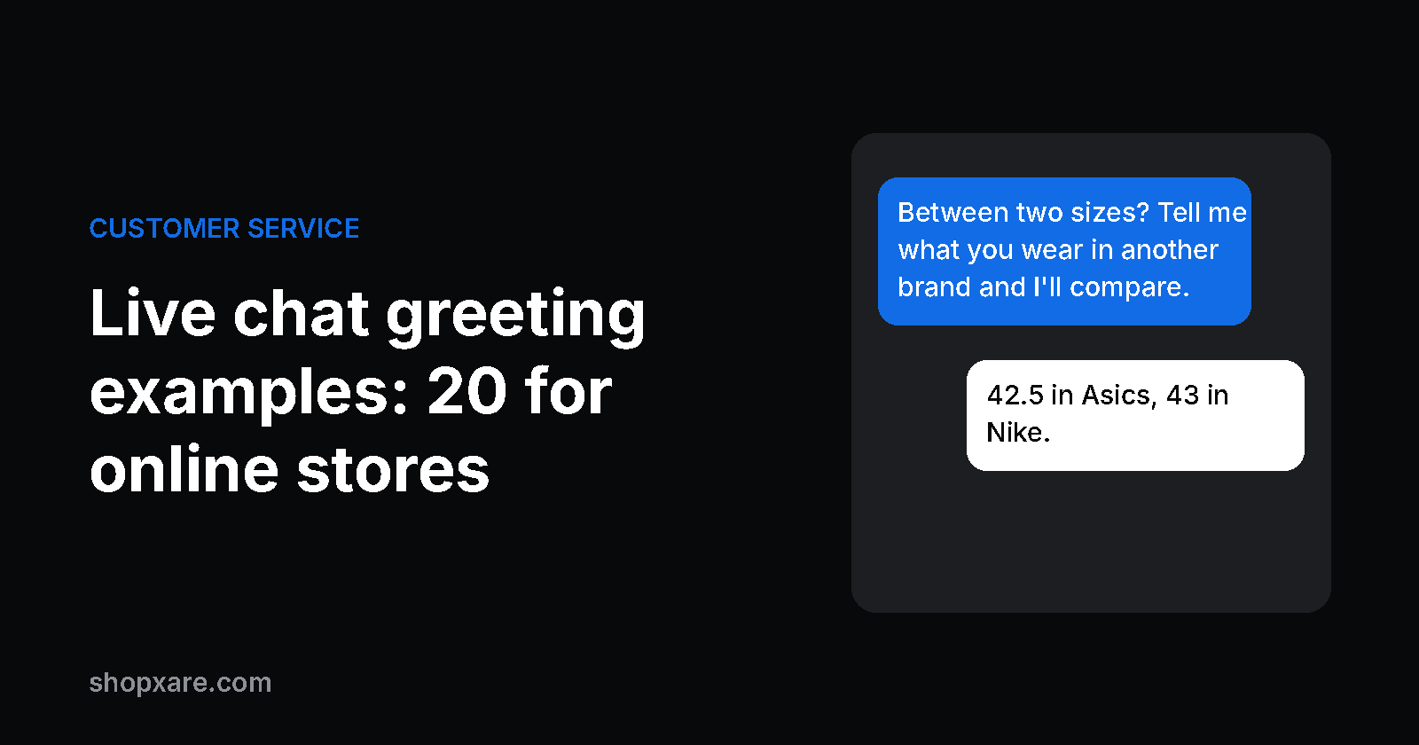 Cover: title "Live chat greeting examples: 20 for online stores" next to a chat where a shop greets a visitor on a product page and helps pick a shoe size.