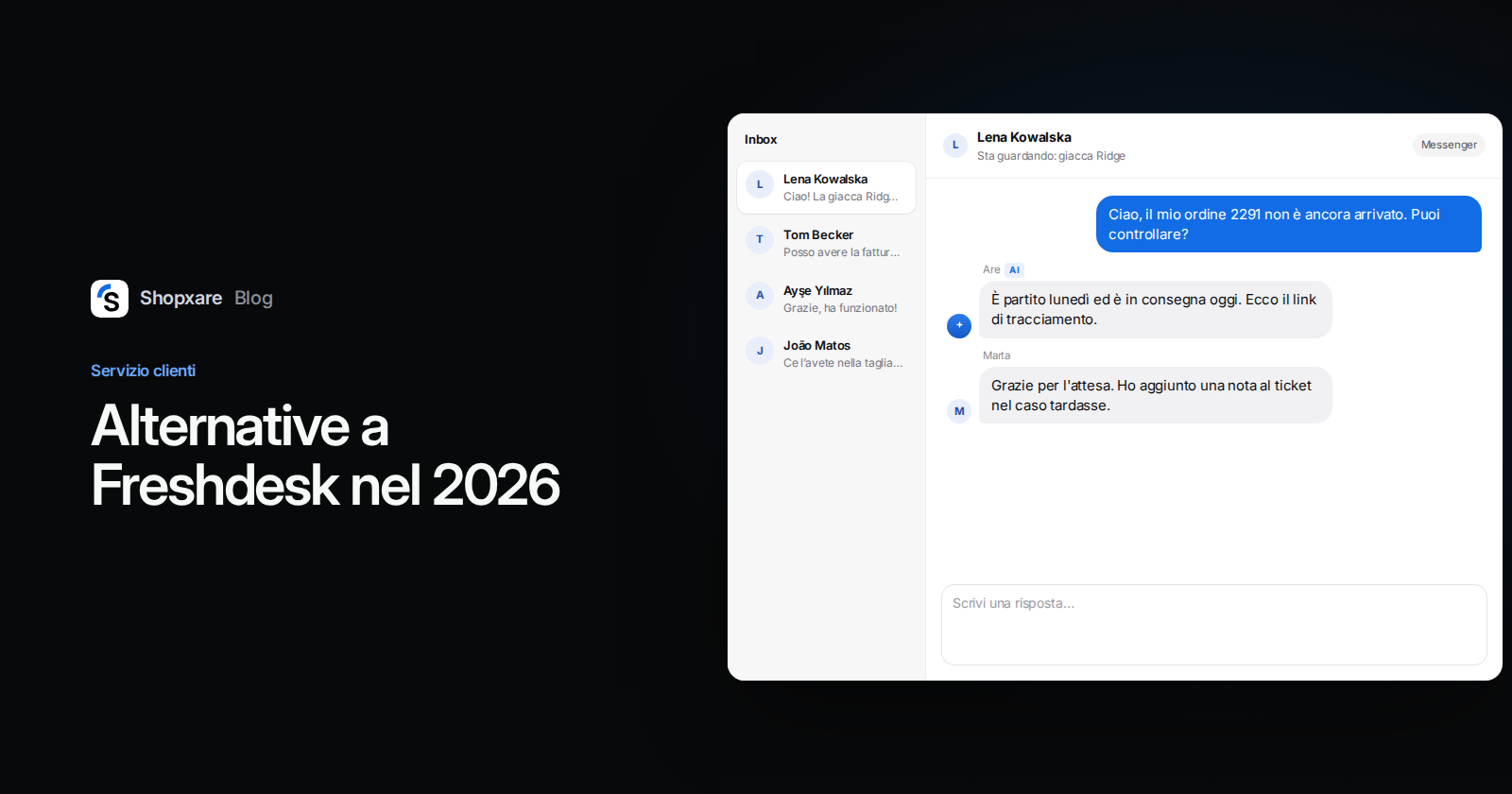 Copertina: «Alternative a Freshdesk nel 2026» accanto a una casella di team dove IA e operatore rispondono a una domanda sull'ordine