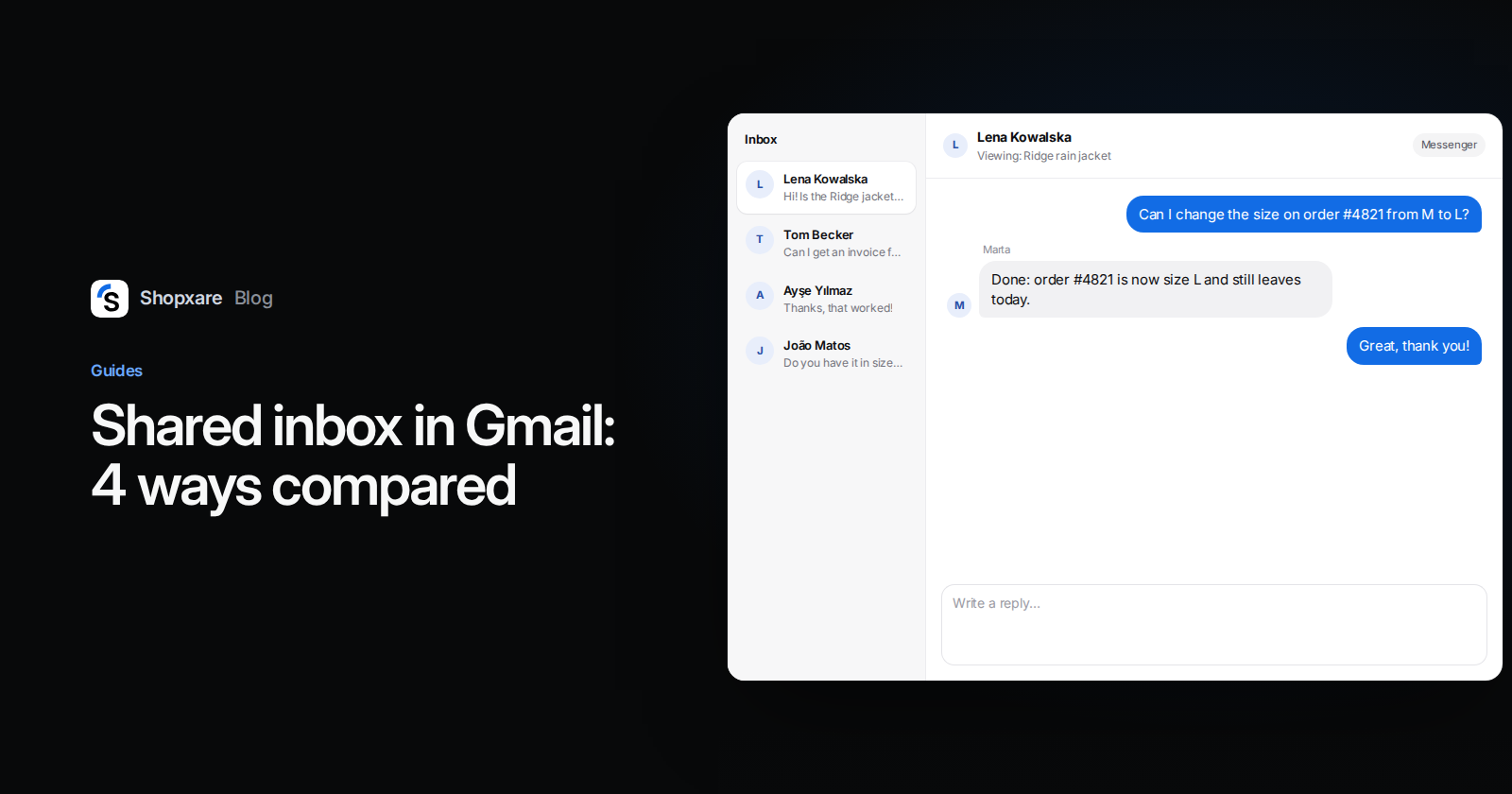 Cover: "Shared inbox in Gmail: 4 ways compared" next to a team inbox where an agent answers a customer's order change