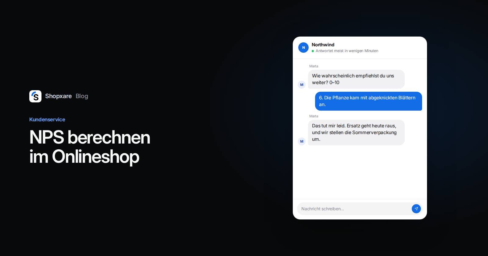 Shopxare-Cover mit dem Titel NPS berechnen im Onlineshop und einem Messenger-Chat, in dem ein Kunde eine 6 gibt