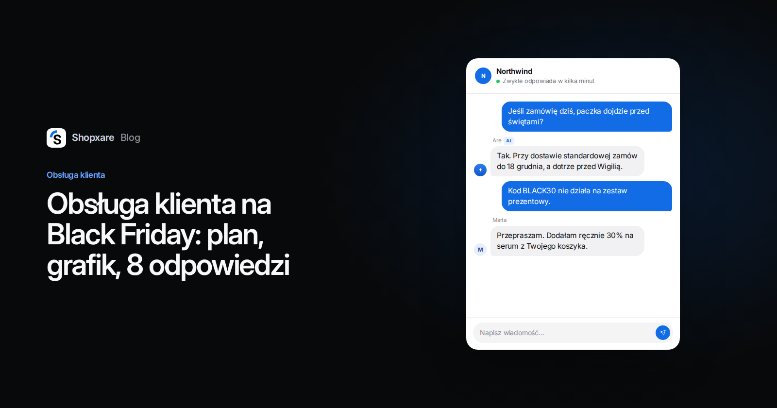 Okładka Shopxare: plan obsługi klienta na Black Friday z czatem o dostawie przed świętami i kodzie rabatowym