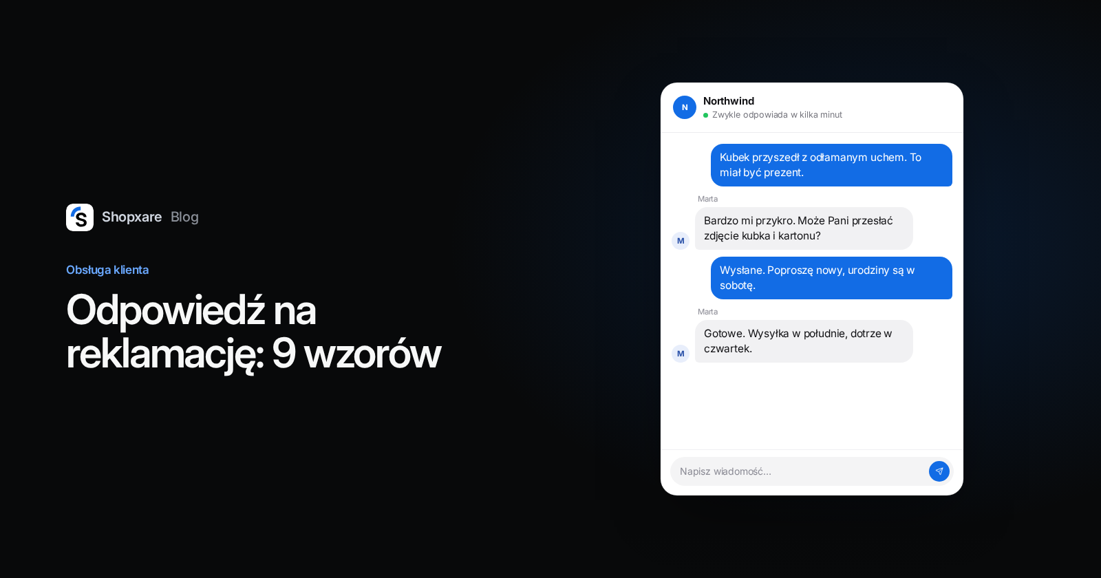 Okładka: „Odpowiedź na reklamację: 9 wzorów” obok czatu, w którym sklep wymienia stłuczony kubek z datą dostawy