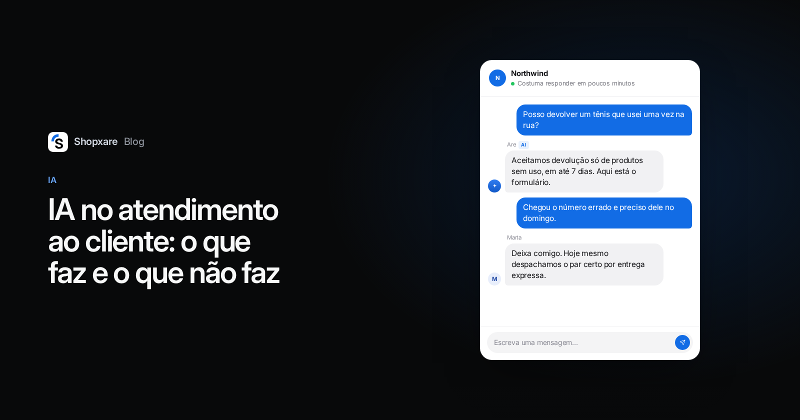 Capa: IA no atendimento ao cliente, um chat em que a IA responde sobre devolução e uma atendente resolve um pedido com número errado