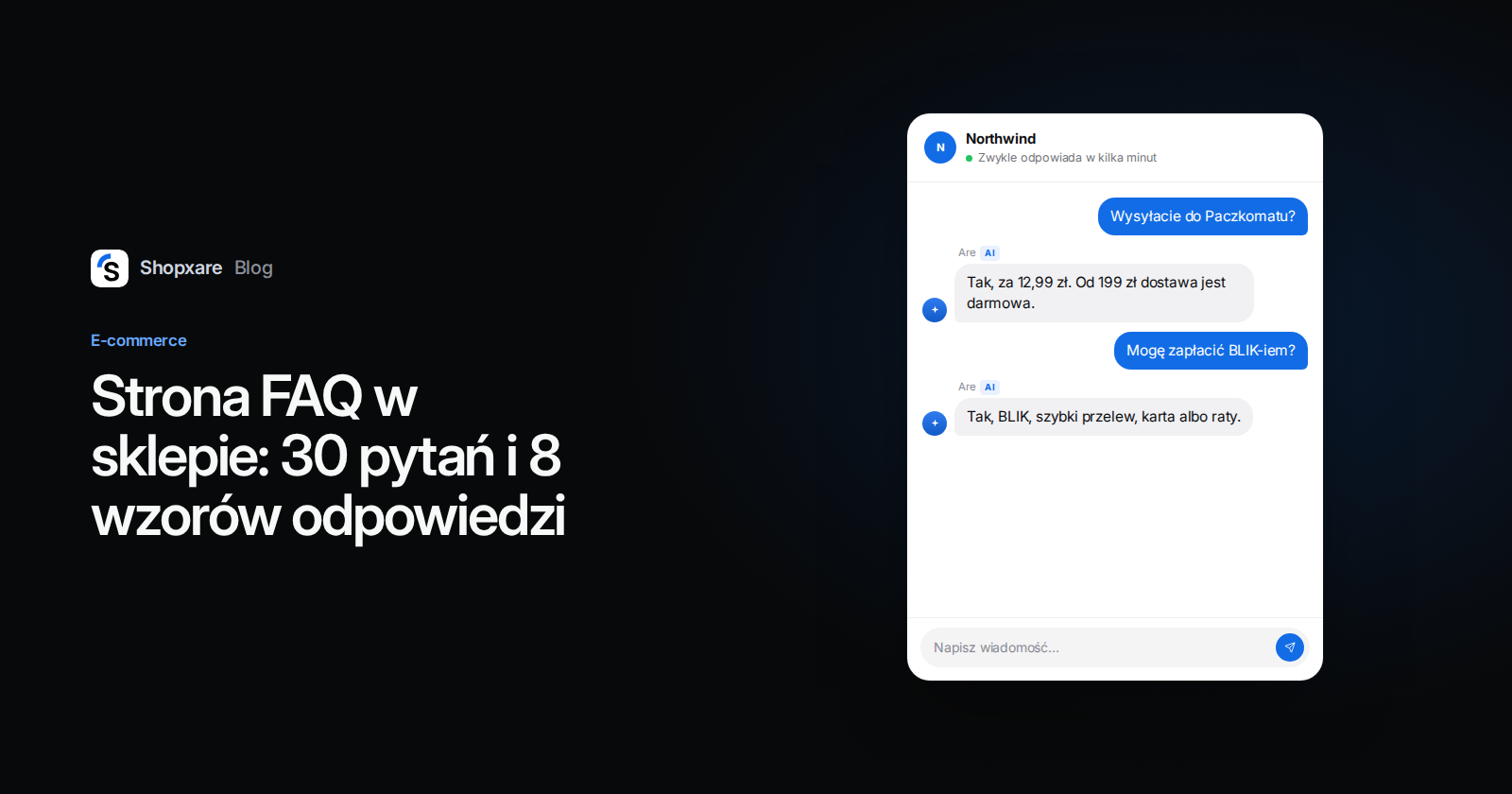 Okładka Shopxare: tytuł "Strona FAQ w sklepie" obok czatu na stronie, w którym Are AI odpowiada o dostawie do Paczkomatu i płatności BLIK
