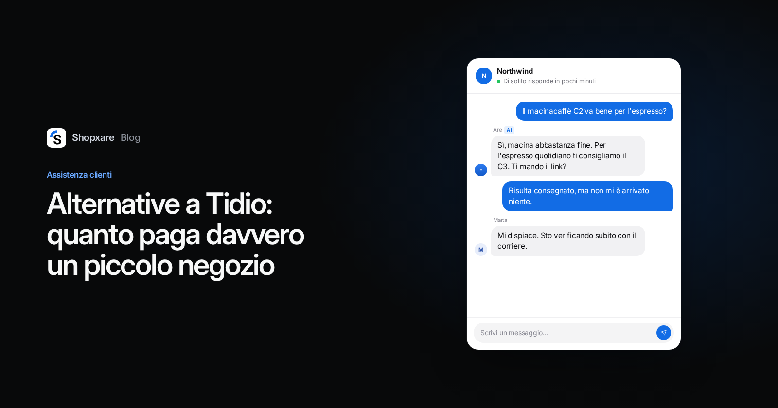 Copertina Shopxare: titolo «Alternative a Tidio» accanto a una chat del sito in cui l'IA risponde su un prodotto e un operatore gestisce una consegna
