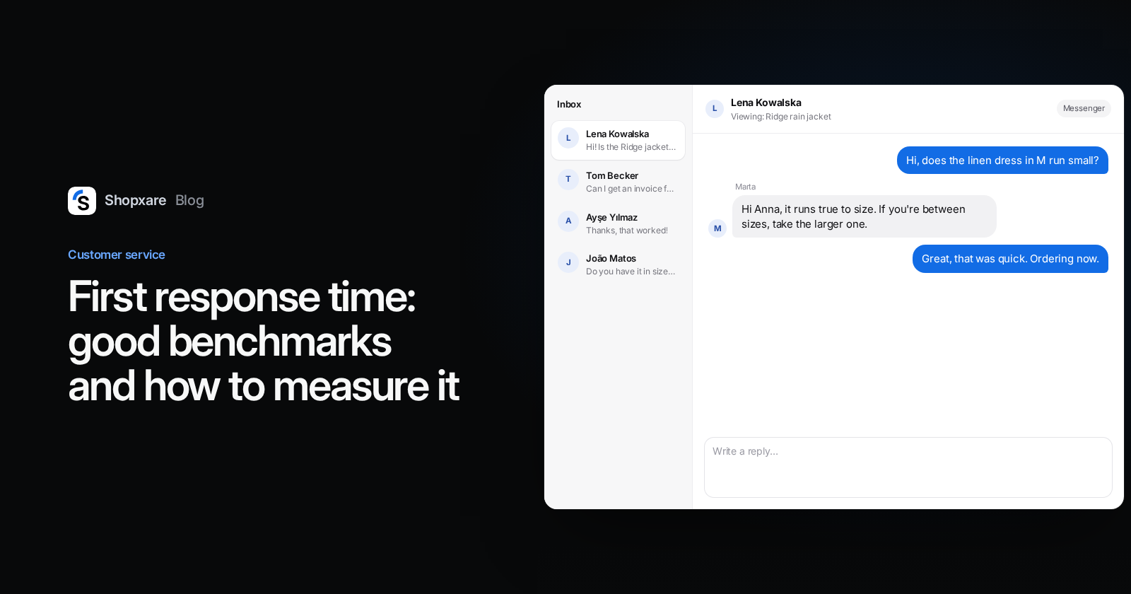 Cover: title "First response time: good benchmarks and how to measure it" next to the Shopxare inbox, where a teammate answers a sizing question within seconds