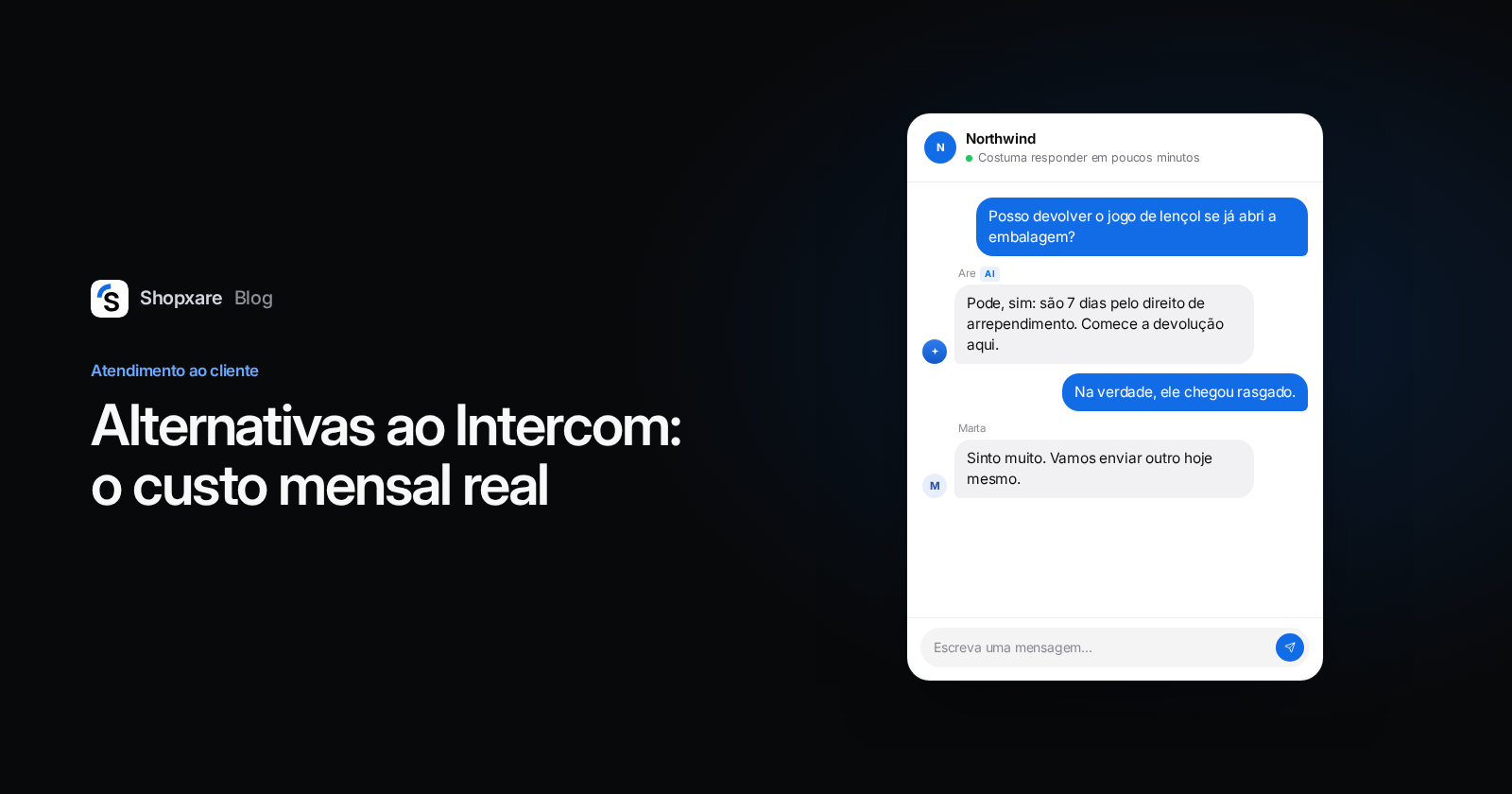 Capa com o título "Alternativas ao Intercom: o custo mensal real" ao lado de um chat do site em que a IA responde sobre devolução e uma atendente assume a conversa.