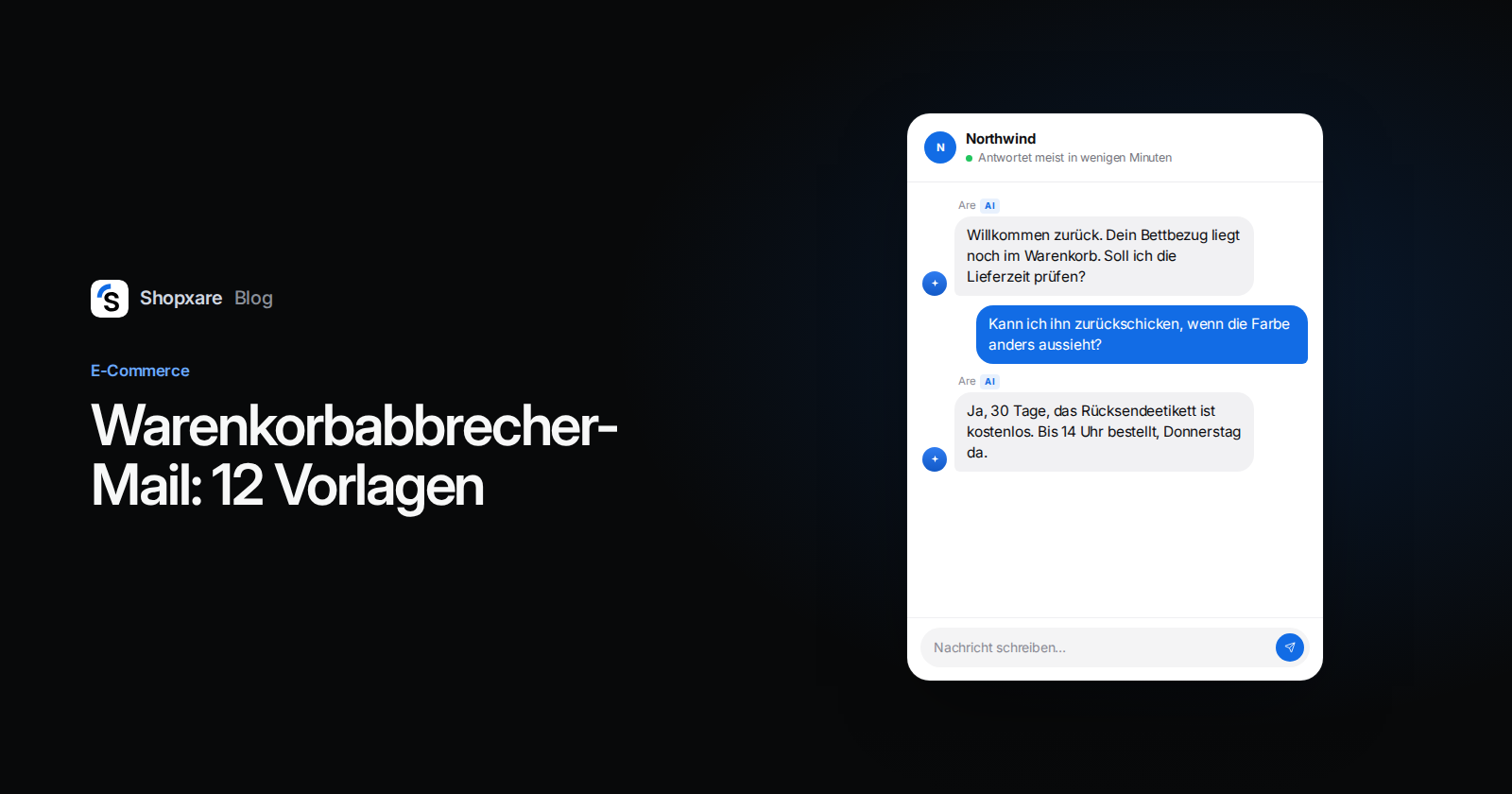 Titelbild: Vorlagen für die Warenkorbabbrecher-Mail, mit einem Chat, in dem eine Kundin vor der Bestellung nach der Rückgabe fragt