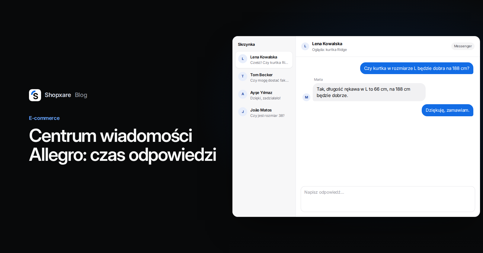 Okładka: tytuł o czasie odpowiedzi w Centrum wiadomości Allegro obok skrzynki Shopxare z pytaniem o rozmiar kurtki i odpowiedzią sprzedawcy