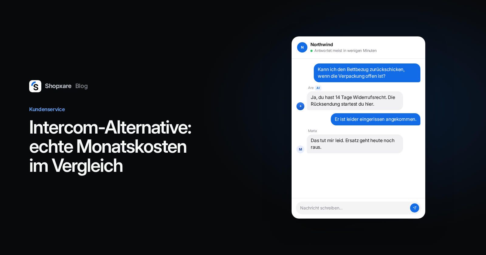Cover mit dem Titel „Intercom-Alternative: echte Monatskosten im Vergleich“ neben einem Website-Chat, in dem die KI eine Retourenfrage beantwortet und eine Kollegin übernimmt.