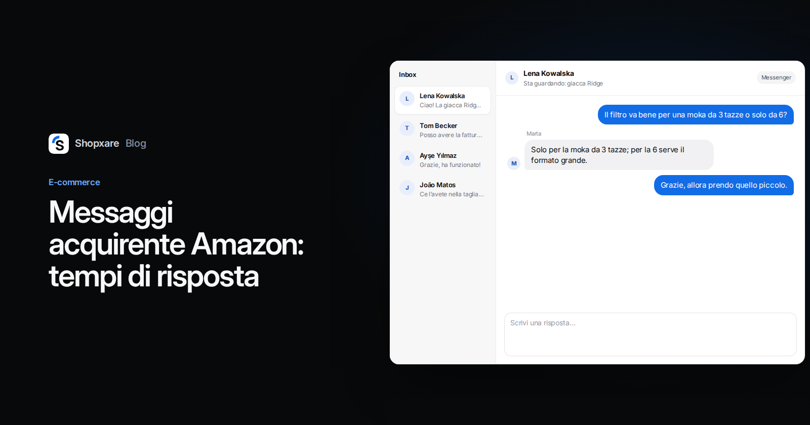Copertina: titolo sui tempi di risposta ai messaggi degli acquirenti Amazon accanto a una casella Shopxare con una domanda su un filtro per moka e la risposta del venditore