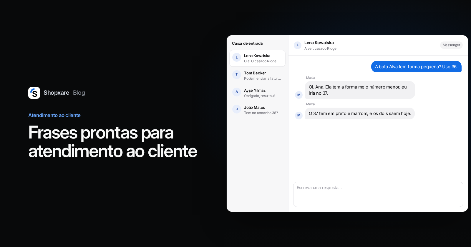 Capa: título "Frases prontas para atendimento ao cliente" ao lado de uma caixa de entrada em que a atendente responde uma dúvida de tamanho com uma resposta salva