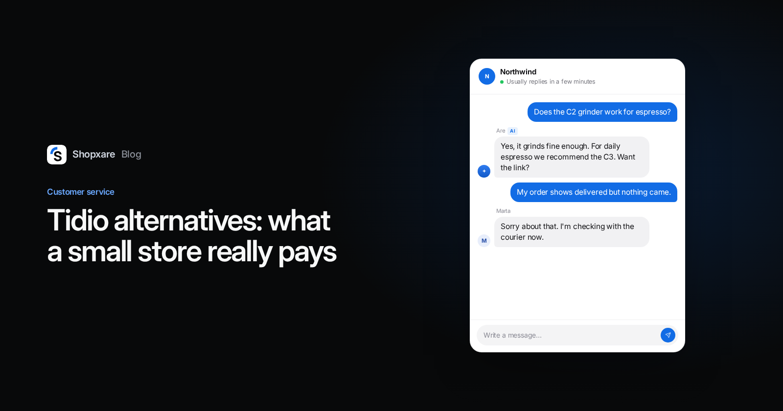 Shopxare cover: title "Tidio alternatives" next to a website chat where AI answers a grinder question and an agent takes a delivery issue