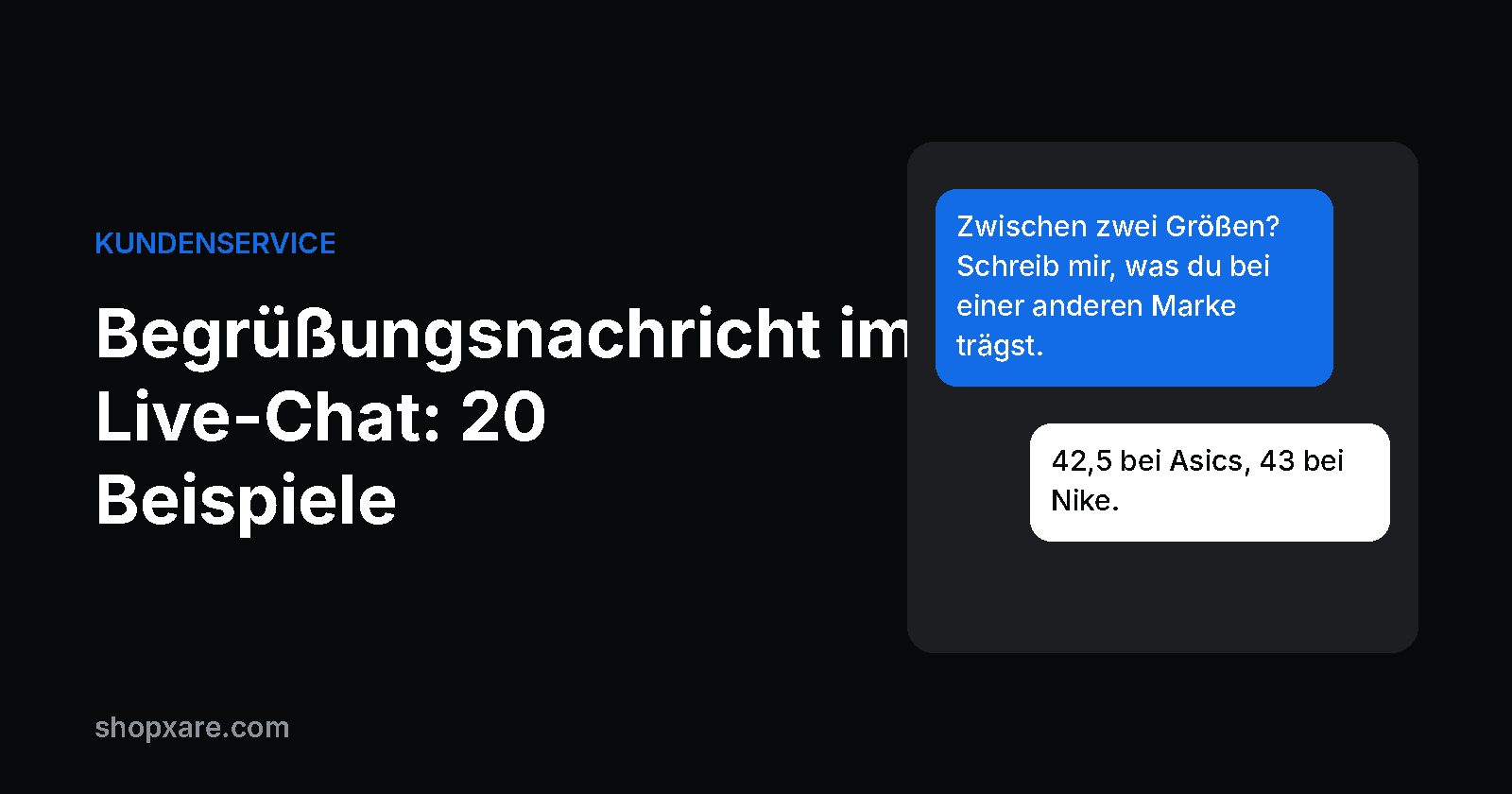 Cover: Titel "Begrüßungsnachricht im Live-Chat: 20 Beispiele" neben einem Chat, in dem ein Shop einem Besucher bei der Schuhgröße hilft.