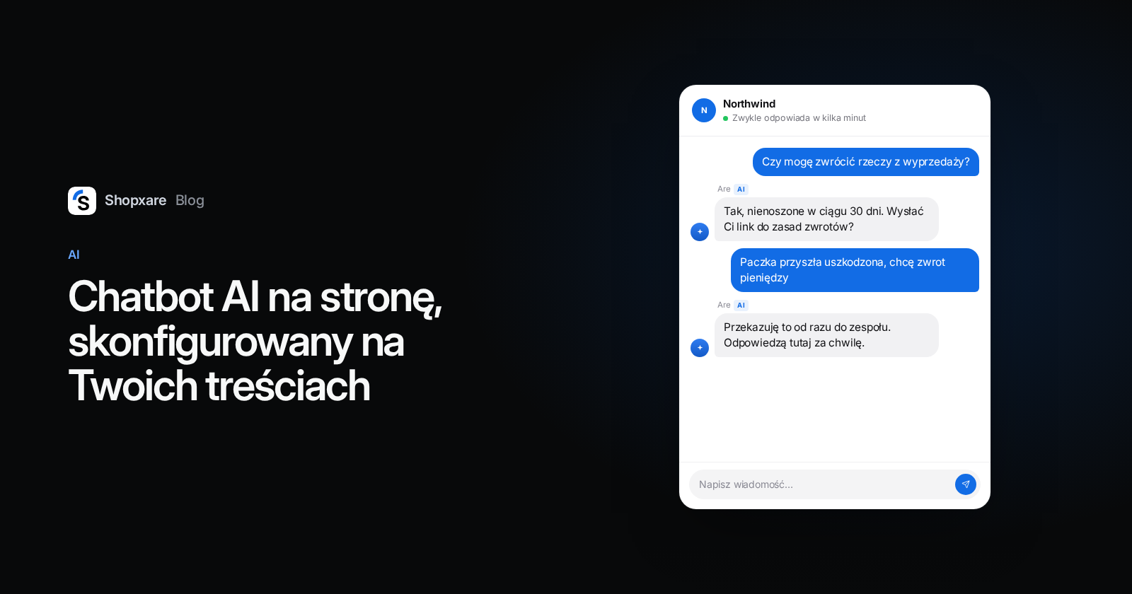 Okładka: tytuł „Chatbot AI na stronę” obok czatu, w którym AI odpowiada na pytanie o zwroty i przekazuje zespołowi prośbę o zwrot pieniędzy za uszkodzoną paczkę