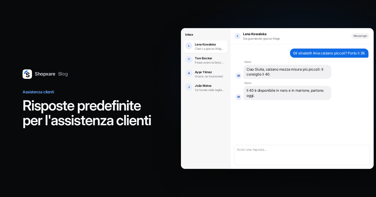 Copertina: titolo "Risposte predefinite per l'assistenza clienti" accanto a una inbox condivisa in cui un'operatrice risponde a una domanda sulla taglia con una risposta salvata