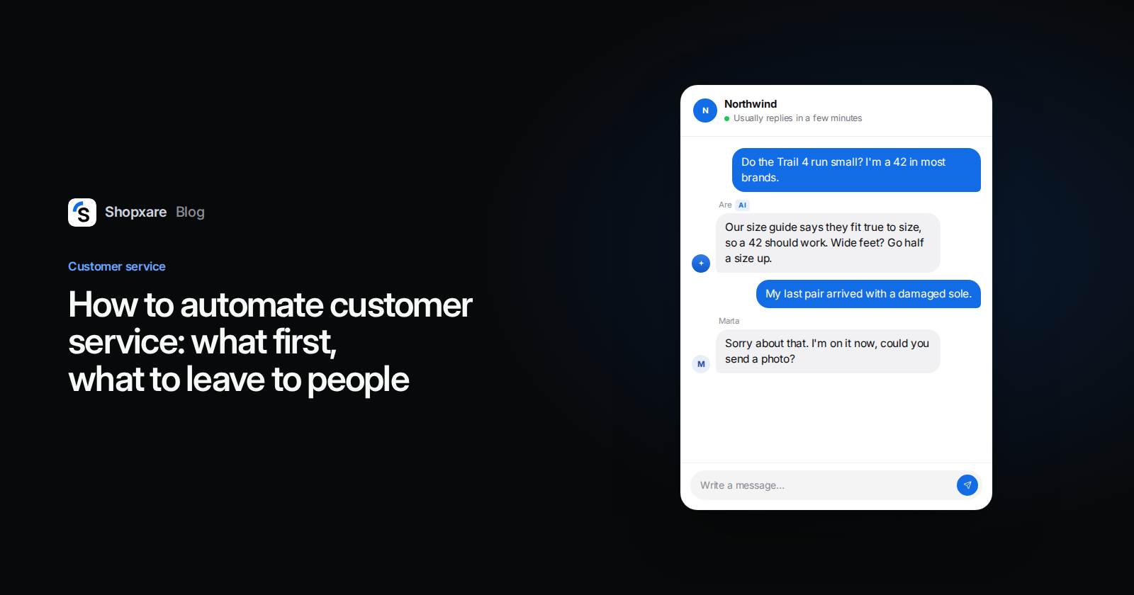 Cover: title on automating customer service, with a Messenger chat where the AI answers a size question and a teammate takes over a damaged-item complaint
