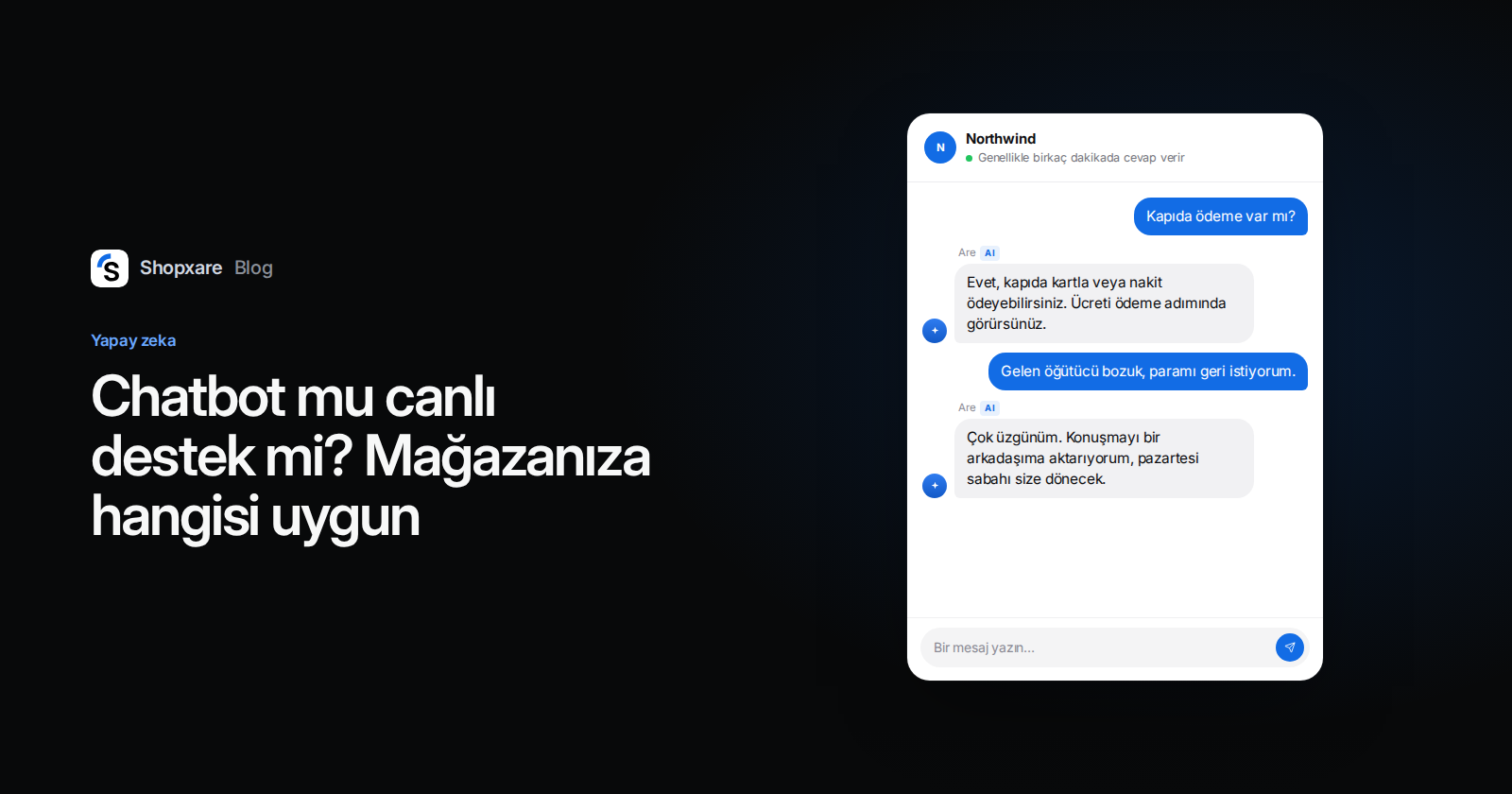 Sağda Shopxare Messenger: yapay zeka ajanı kapıda ödeme sorusunu cevaplıyor, iade talebini ekibe devrediyor. Solda başlık: Chatbot mu canlı destek mi?