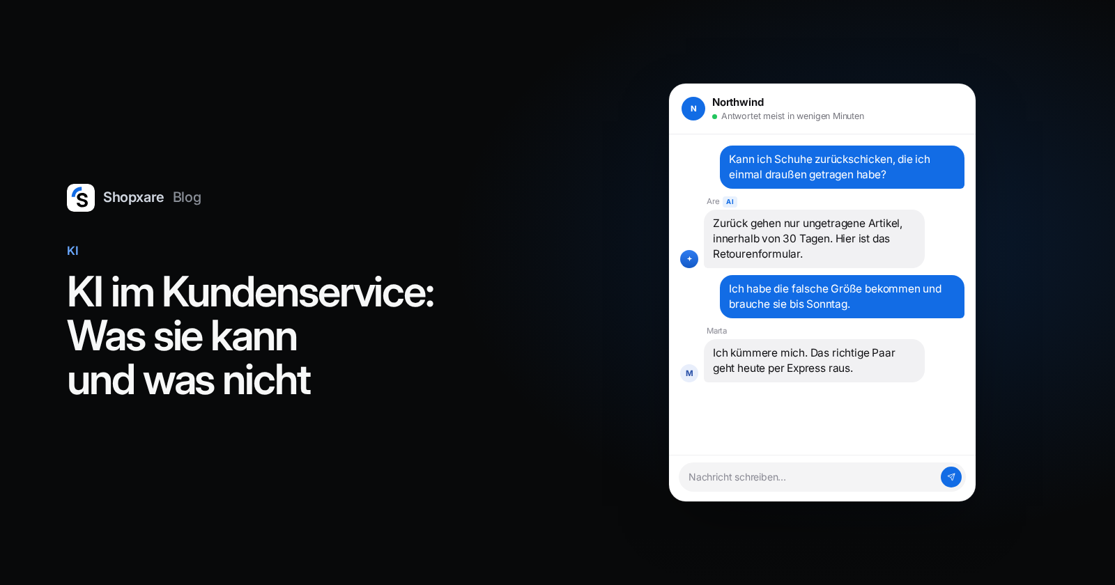Cover: KI im Kundenservice, ein Chat, in dem die KI eine Retourenfrage beantwortet und eine Kollegin eine falsche Größe übernimmt