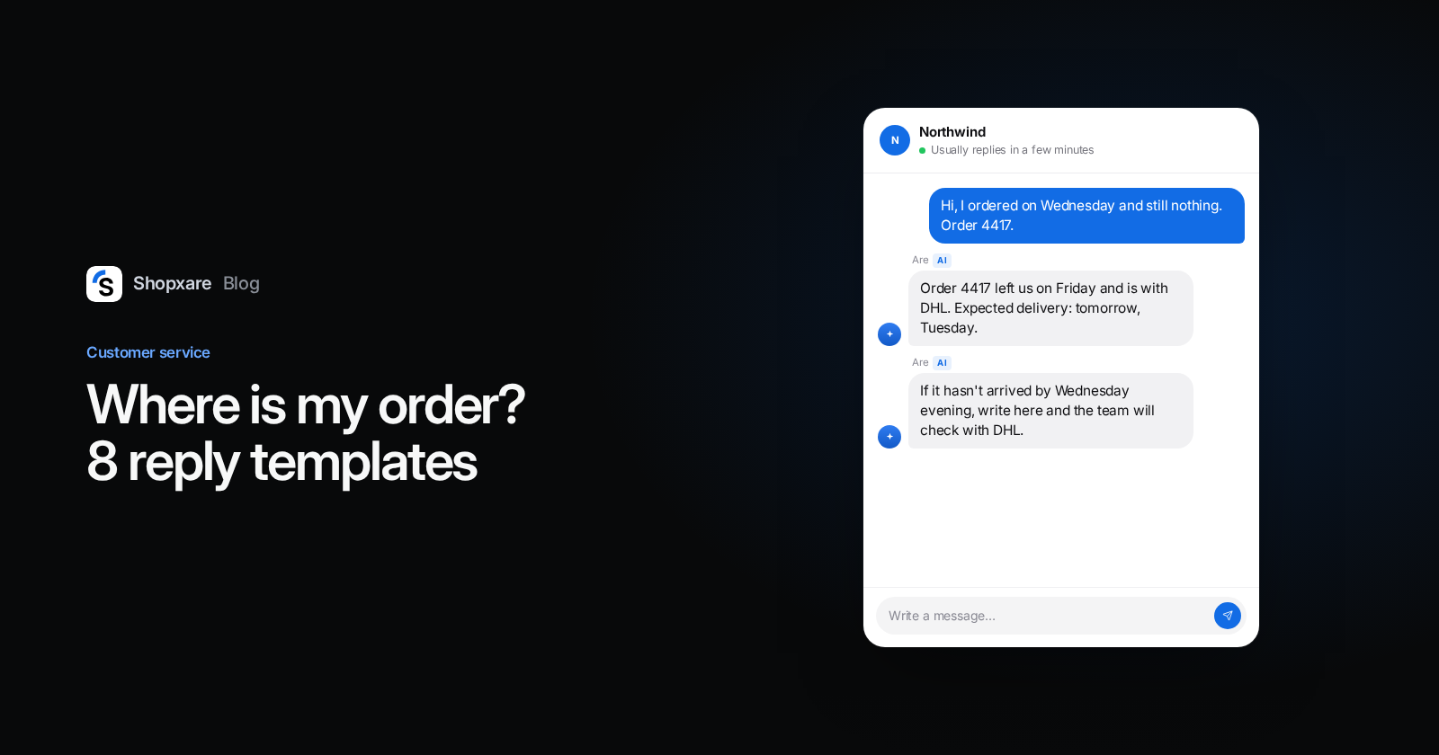 Cover: "Where is my order? 8 reply templates" next to a website chat where Are AI tells a customer when order 4417 will arrive