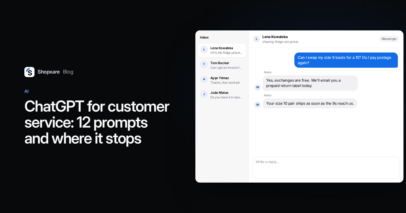 Cover: "ChatGPT for customer service" title next to a Shopxare inbox where an agent answers a boot exchange question