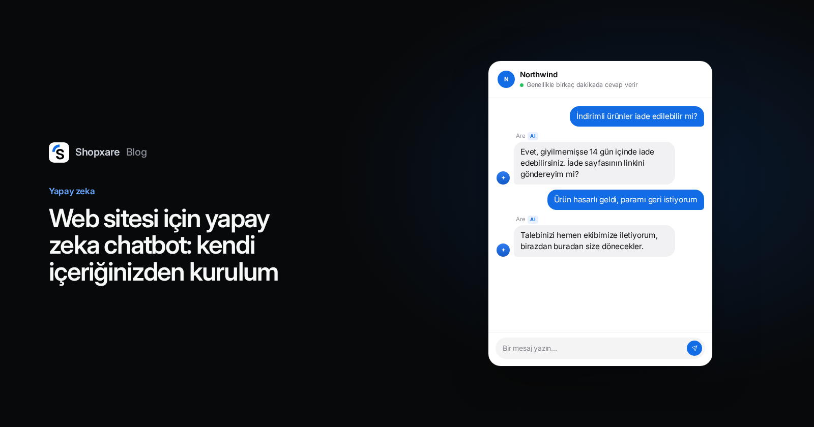 Kapak: "Web sitesi için yapay zeka chatbot" başlığının yanında, yapay zekanın iade sorusunu cevapladığı ve hasarlı ürün talebini ekibe devrettiği bir canlı destek penceresi