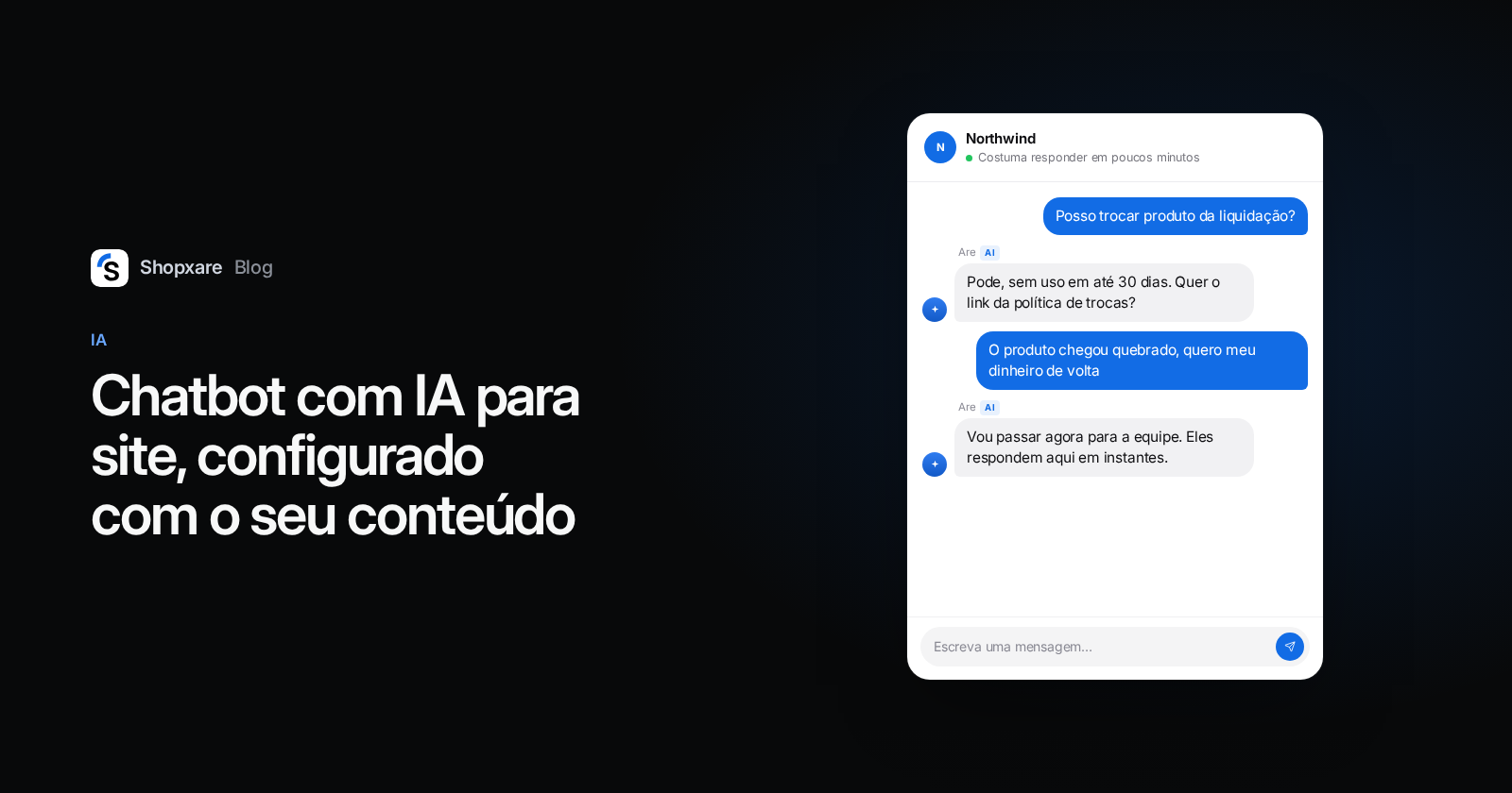 Capa: o título "Chatbot com IA para site" ao lado de um chat em que a IA responde uma dúvida sobre trocas e transfere para a equipe um reembolso de produto quebrado