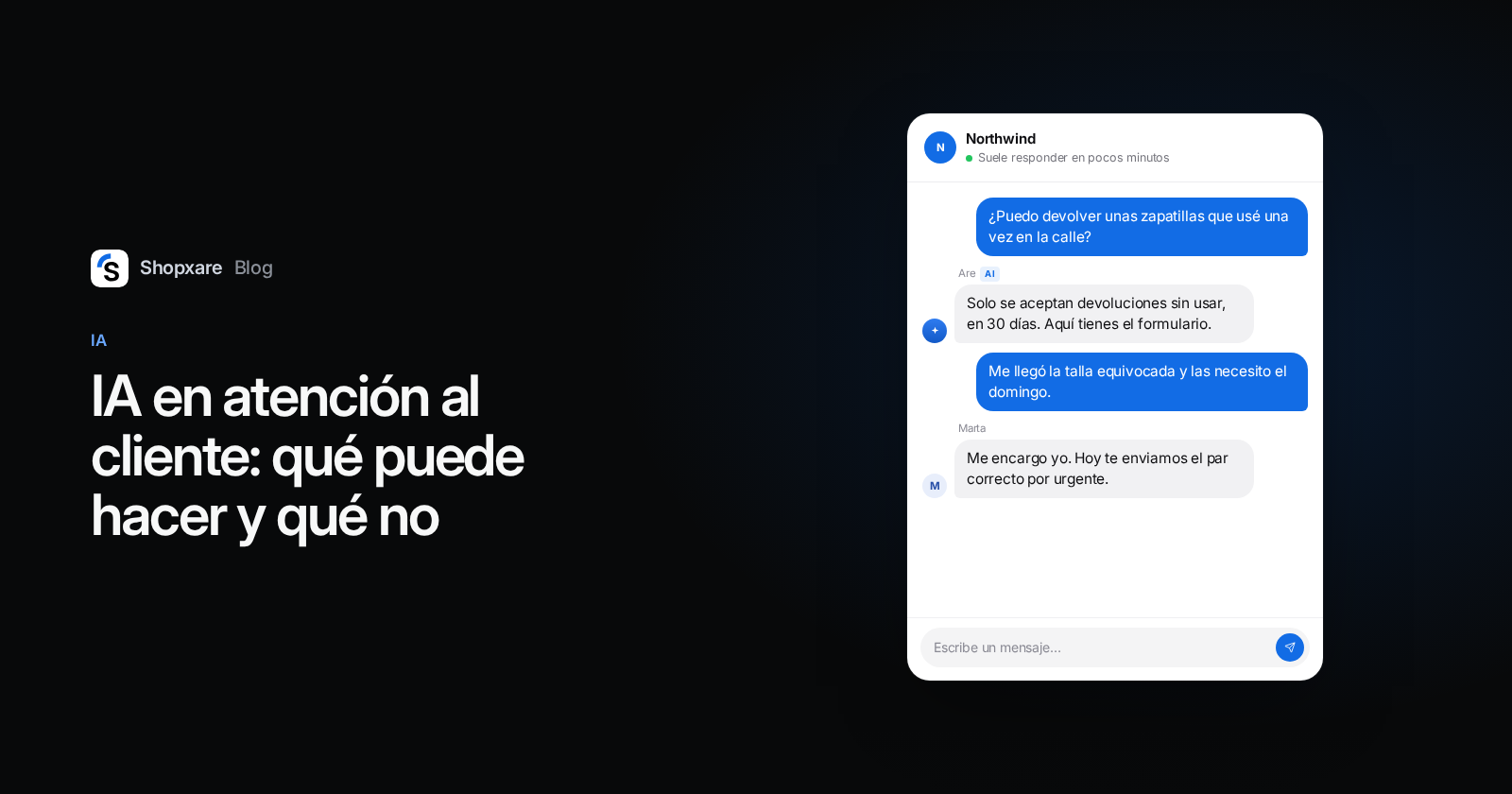 Portada: IA en atención al cliente, un chat en el que la IA responde una duda de devoluciones y una persona del equipo resuelve una talla equivocada