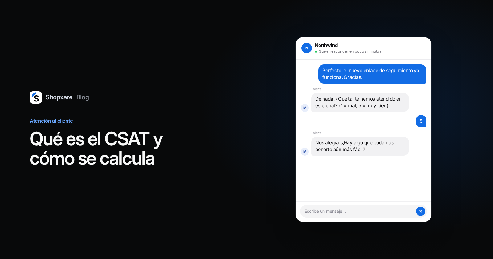 Portada: el Messenger de Shopxare pide al cliente una valoración del 1 al 5 tras resolver su consulta, junto al título sobre el CSAT.
