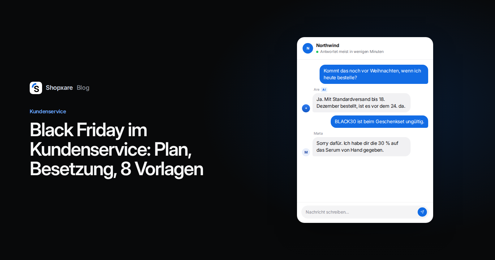 Shopxare-Cover: Black-Friday-Plan für den Kundenservice mit einem Messenger-Chat zu Weihnachtslieferung und Rabattcode