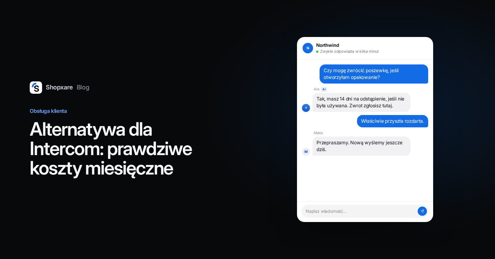 Okładka z tytułem „Alternatywa dla Intercom: prawdziwe koszty miesięczne” obok czatu na stronie, w którym AI odpowiada na pytanie o zwrot, a konsultantka przejmuje rozmowę.
