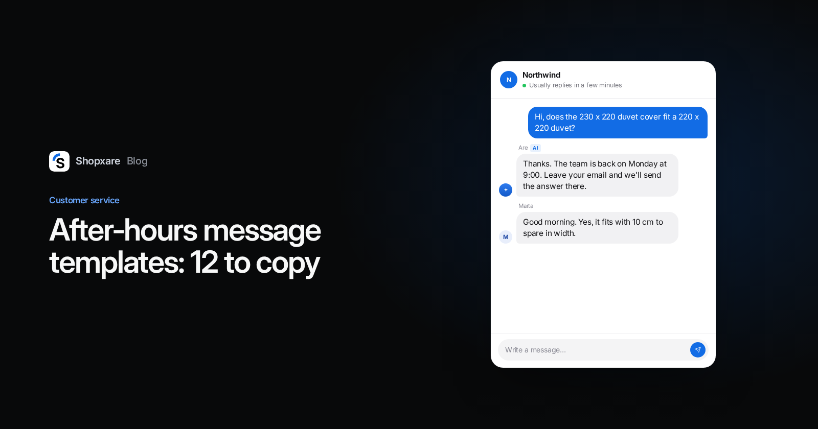 Cover: "After-hours message templates" with a Messenger showing an evening question, an automatic reply naming Monday 9:00, and the team's answer