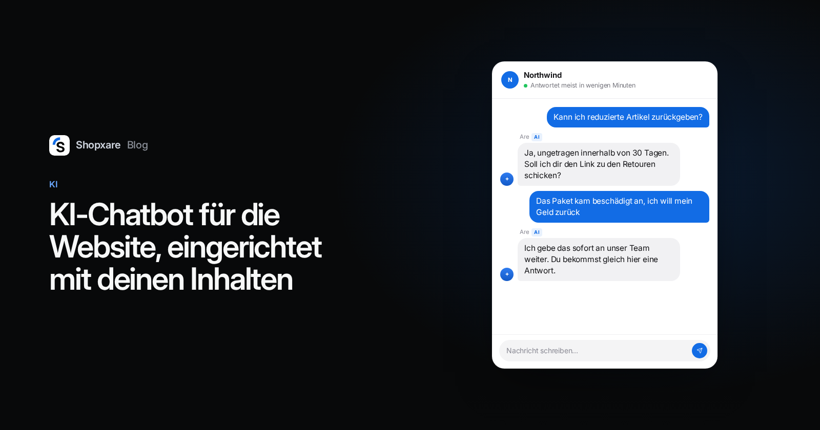 Cover: Titel „KI-Chatbot für die Website“ neben einem Website-Chat, in dem die KI eine Retourenfrage beantwortet und eine Erstattung für beschädigte Ware ans Team übergibt