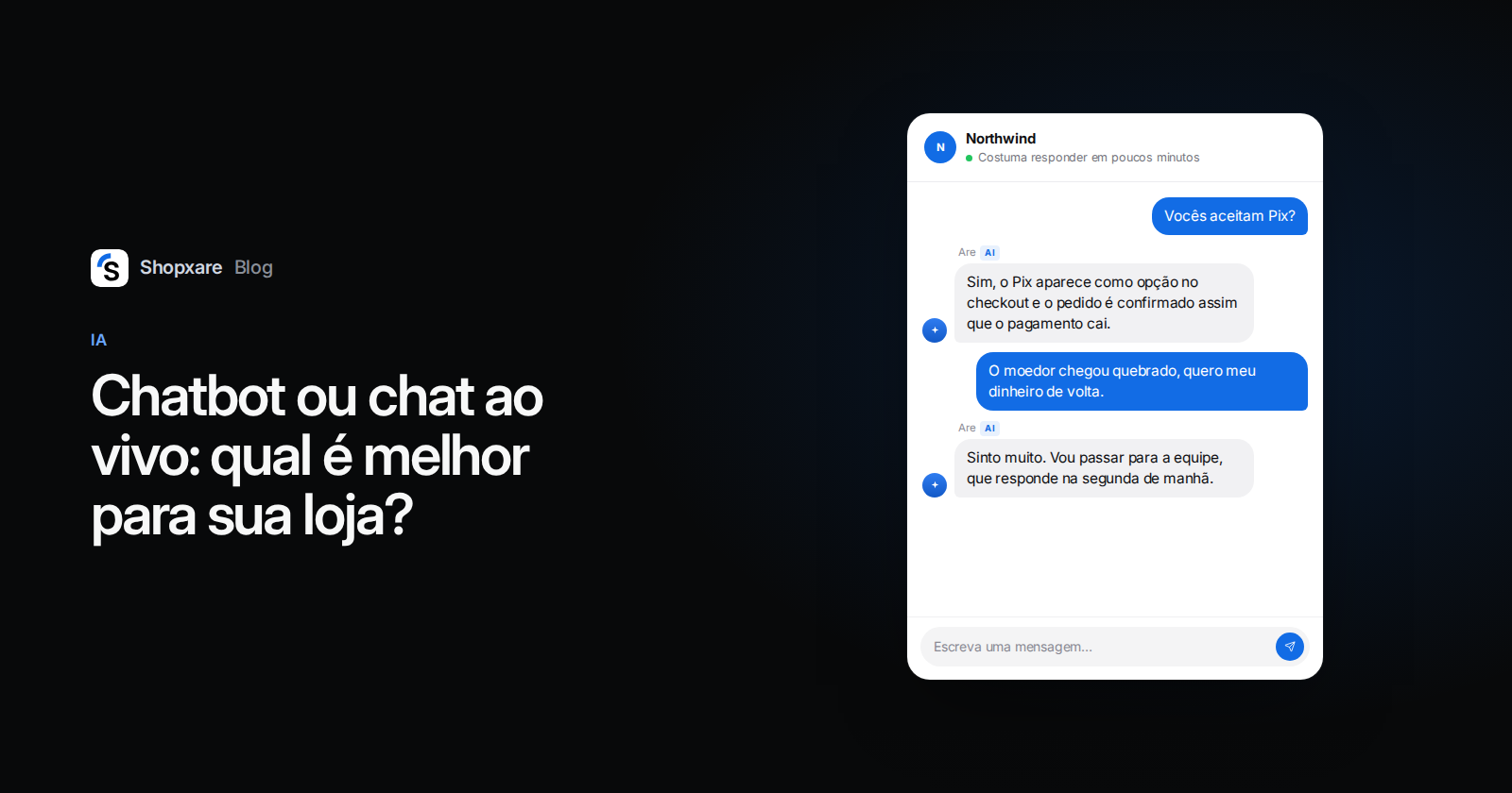 À direita, o Messenger do Shopxare: um agente de IA responde sobre Pix e transfere um pedido de reembolso para a equipe. À esquerda, o título: Chatbot ou chat ao vivo.