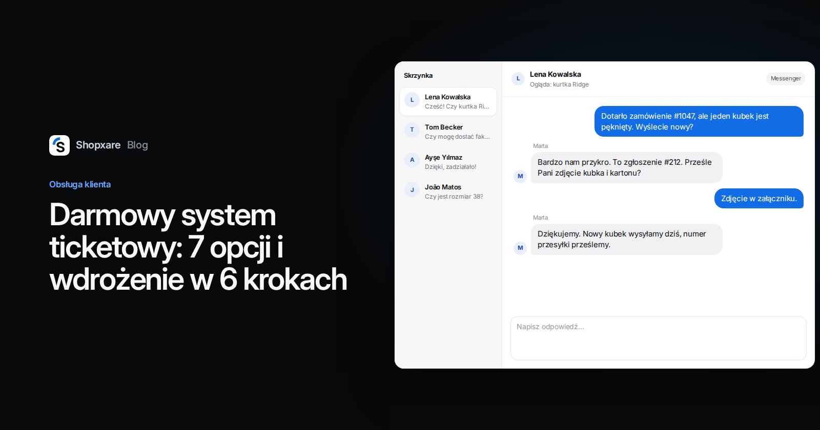 Okładka: tytuł "Darmowy system ticketowy" obok skrzynki zespołu w Shopxare ze zgłoszeniem #212 o pękniętym kubku