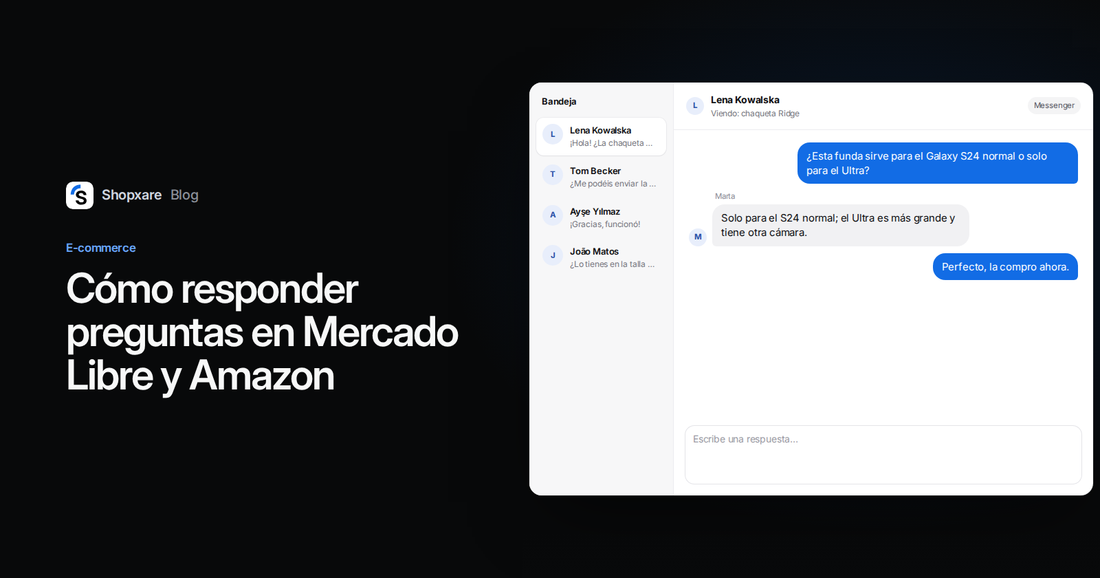 Portada: título sobre cómo responder preguntas en Mercado Libre junto a una bandeja de Shopxare con una pregunta sobre una funda y la respuesta del vendedor